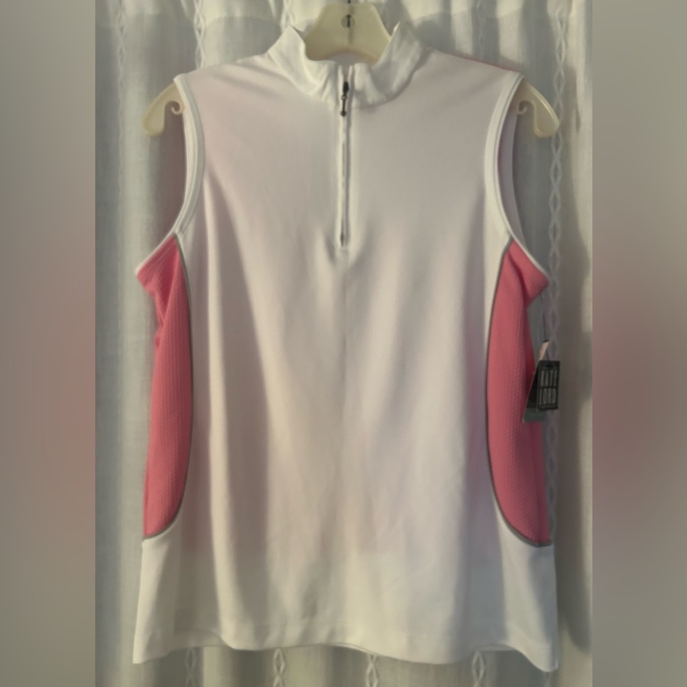 NWTs Kate Lord sleeveless Performance pink and white shirt. Size M
